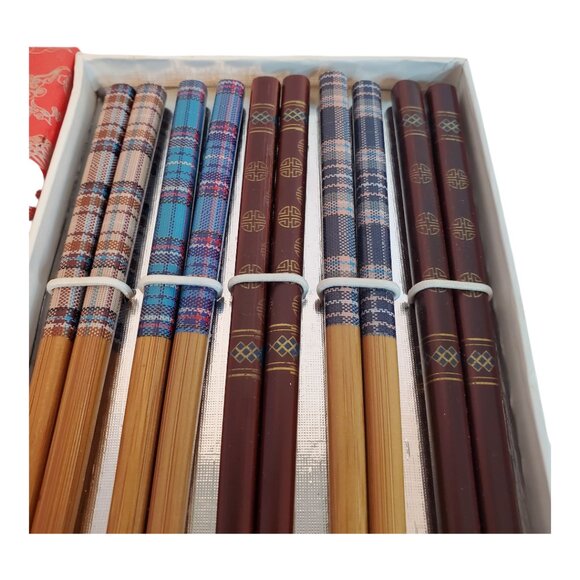 Zhe Jiang Li Zhong Set of 5pr Bamboo Chopsticks Dark & Light Assorted patterns - Picture 4 of 7
